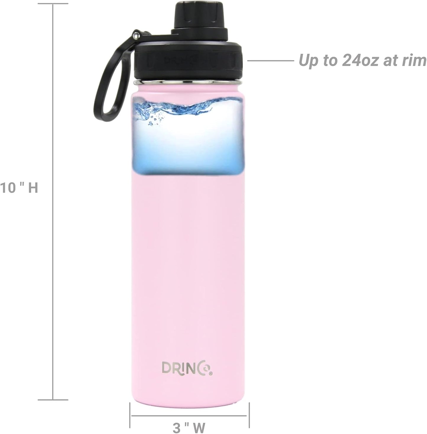 Drinco Stainless Steel Water Bottle Spout Lid Vacuum Insulated Double Wall Water Bottle Wide Mouth (40oz 32oz 22oz 18oz 14oz) Leak Proof Keep Cold Sport Camping Hiking (22 oz, 22oz Black)