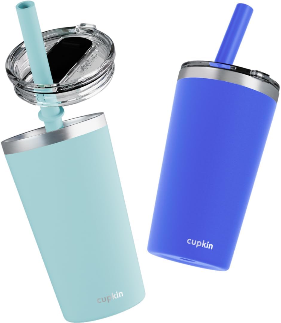 CUPKIN Stainless Steel Insulated Tumbler with Lid and Straw, 20 oz Stainless Steel Cups, Set of 2 Travel Coffee Mug for Adults, Iced Coffee Cup with Lid, Tumbler for Travel (Coral + Yellow)
