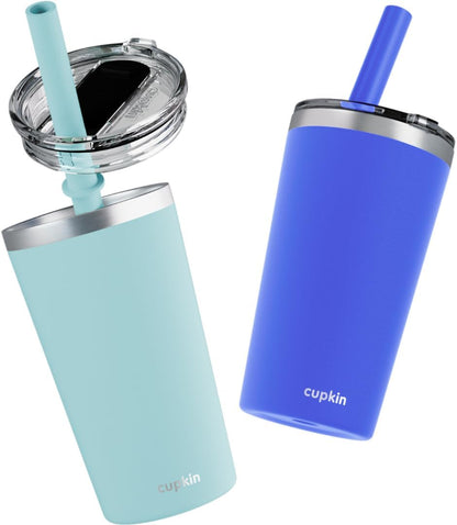 CUPKIN Stainless Steel Insulated Tumbler with Lid and Straw, 20 oz Stainless Steel Cups, Set of 2 Travel Coffee Mug for Adults, Iced Coffee Cup with Lid, Tumbler for Travel (Coral + Yellow)