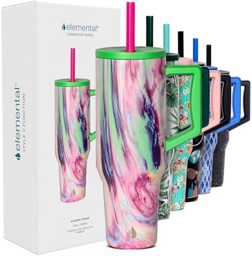 Elemental 32 oz 100% Leak Proof Tumbler with Handle & Straw - Stainless Steel Double Wall Insulated Tumbler for Hot and Cold Beverages - Travel Coffee Mug with Sip & Straw Lid - White - Colors B