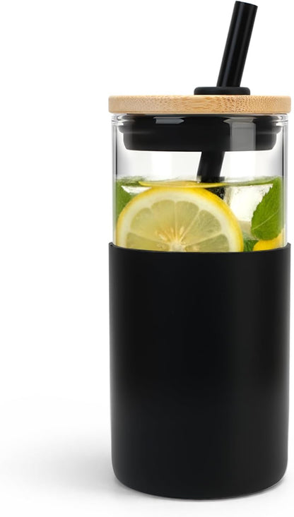 Tronco 24 oz Glass Tumbler with Lids and Straw, Reusable Iced Coffee Cup & Smoothie Cup with Bamboo Lid, Silicone Sleeve, Dishwasher Safe, BPA-Free Borosilicate Glass, 1 Pack
