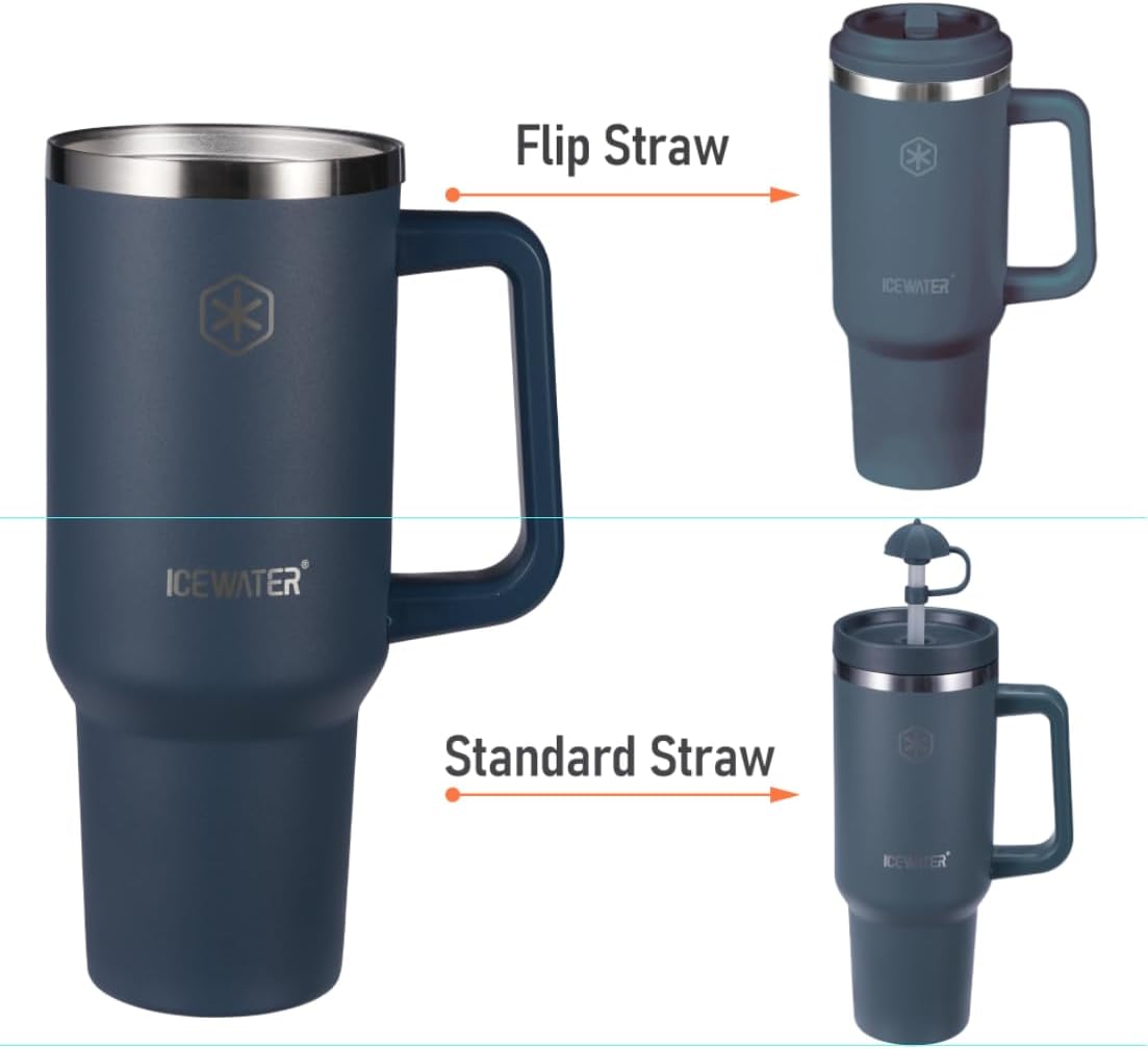 ICEWATER 40 oz Tumbler with 2 Lids (Flip & Standard Straw),100% Leak Proof Insulated Tumbler with Handle, Cup Holder Friendly, Stainless Steel Water Bottle, Gifts for Women & Men (Violet)