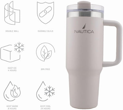 Nautica 40oz Insulated Tumbler with Handle and Straw, Stainless Steel Double Wall Vacuum Travel Mug, Leak-Resistant 3-Way Lid, Keeps Cold for 24 Hours, Fits Car Cup Holders (NAVY)