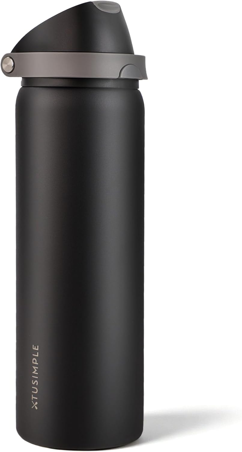 24 oz Stainless Steel Water Bottle with 2-in-1 Quick Flip Straw and Push Button Spout Lid, Fits Car Cupholder, Triple Walled Vacuum Insulated Metal Leakproof, for Gym, Hiking, Trip, Black