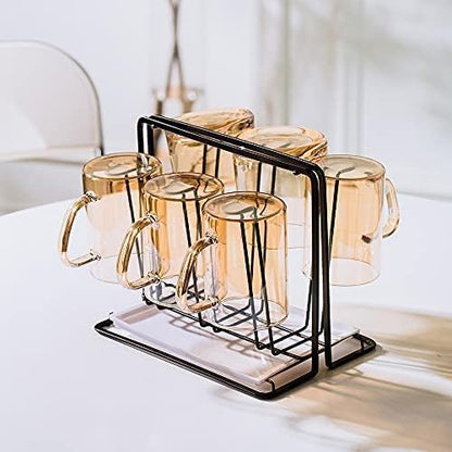 Metal Cup Drying Rack with 6 Hooks, Bottle Drying Rack with Drain Tray,Coffee Mug Holder,Mug Organizer Black