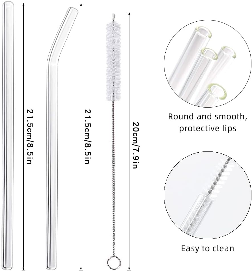 ANNVCHI 16 Pack Reusable Glass Straws,Set of 6 Straight and 6 Bent with 4 Cleaning Brush,Perfect for Smoothies,Tea, Juice, Milkshakes(8.5''x10 MM)