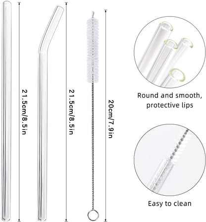 ANNVCHI 16 Pack Reusable Glass Straws,Set of 6 Straight and 6 Bent with 4 Cleaning Brush,Perfect for Smoothies,Tea, Juice, Milkshakes(8.5''x10 MM)