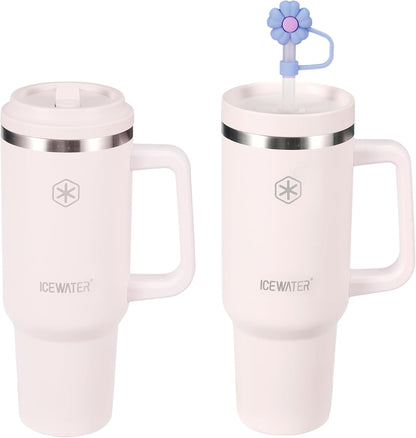 ICEWATER 40 oz Tumbler with 2 Lids (Flip & Standard Straw),100% Leak Proof Insulated Tumbler with Handle, Cup Holder Friendly, Stainless Steel Water Bottle, Gifts for Women & Men (Violet)