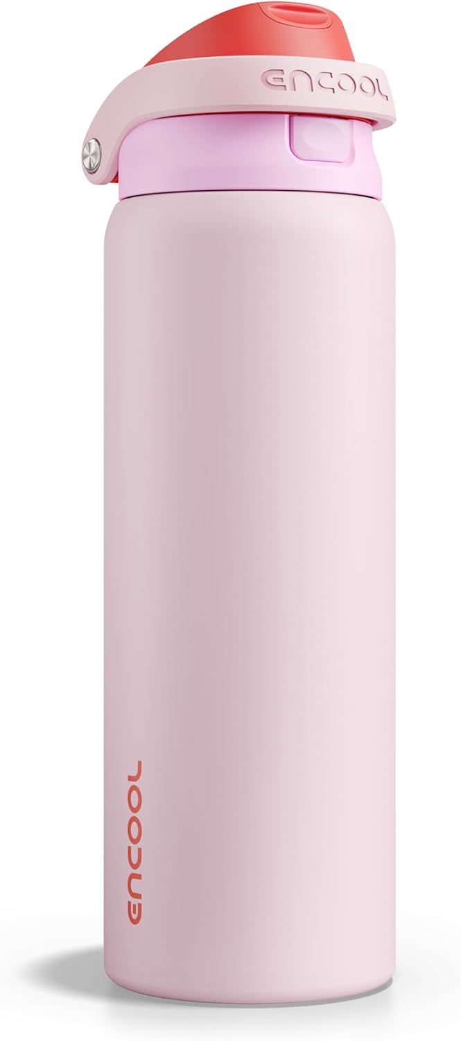 ENCOOL Leakproof Insulated Water Bottle with Straw Dual-Sip Water Bottle Bag-Safe Design for Work, Commute & Gym – Keeps Drinks Cold All Day, 24 oz, Lemonade Pink - Colors A