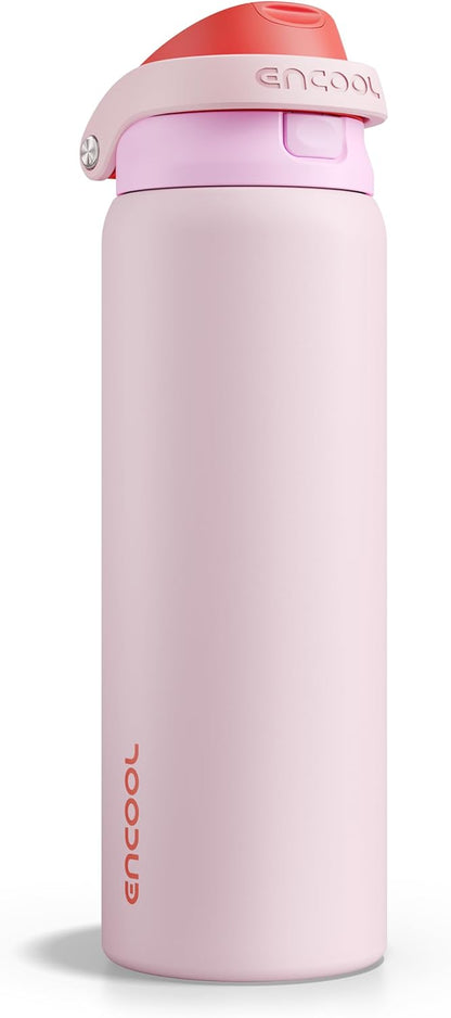 ENCOOL Leakproof Insulated Water Bottle with Straw Dual-Sip Water Bottle Bag-Safe Design for Work, Commute & Gym – Keeps Drinks Cold All Day, 24 oz, Lemonade Pink - Colors A