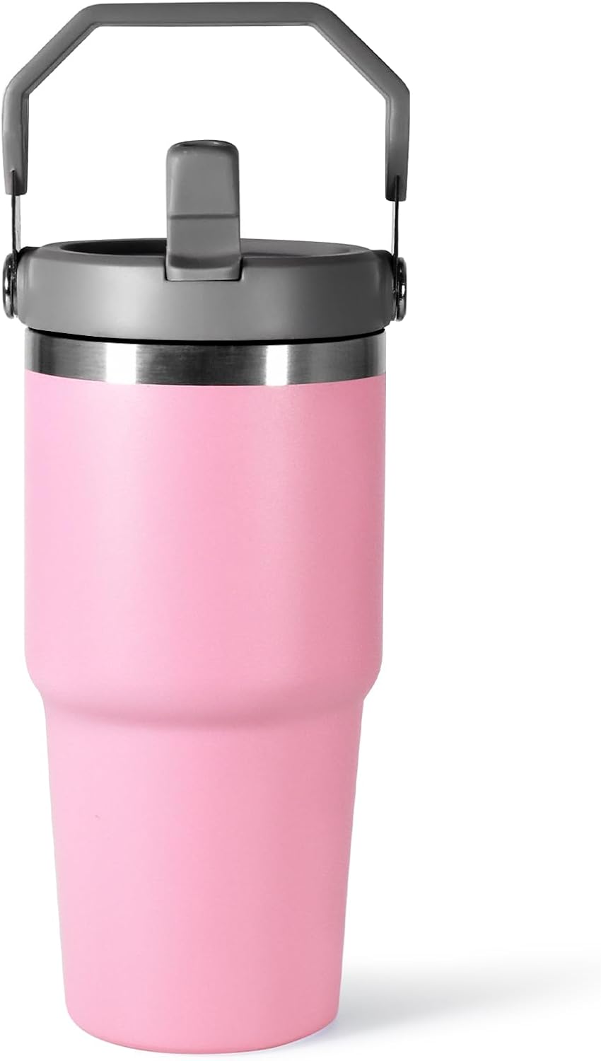 30 oz Tumbler with Handle and Straw Lid, Double Walled Vacuum Insulated Water Bottle Leakproof Tumbler Travel Coffee Mug Thermal Cup, Cupholder Friendly for Office, Home, Sport, Pink