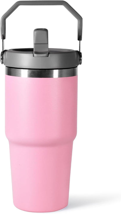 30 oz Tumbler with Handle and Straw Lid, Double Walled Vacuum Insulated Water Bottle Leakproof Tumbler Travel Coffee Mug Thermal Cup, Cupholder Friendly for Office, Home, Sport, Pink