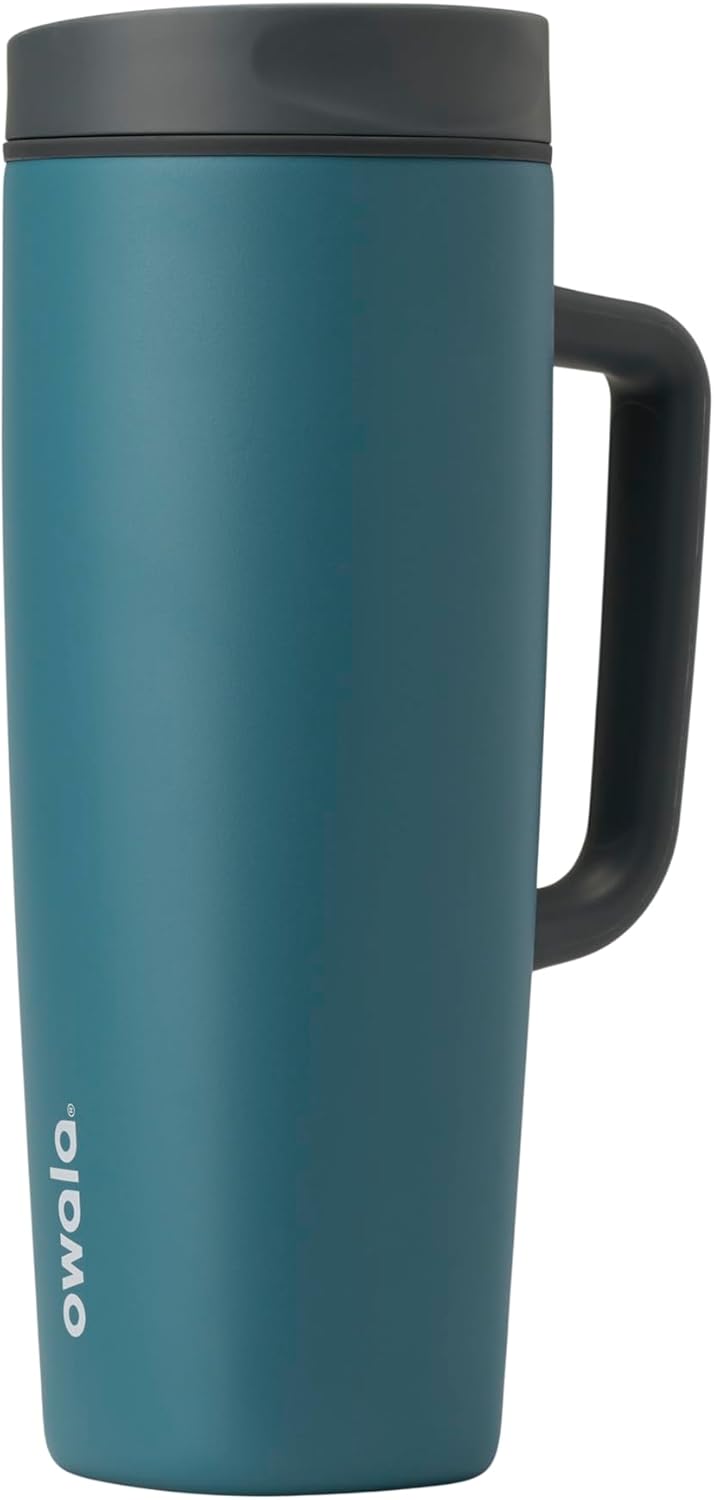 Owala SmoothSip Slider Insulated Stainless Steel Coffee Tumbler, Reusable Iced Coffee Cup, Hot Coffee Travel Mug, BPA Free 20 oz, Grey/Blue (High Dive)