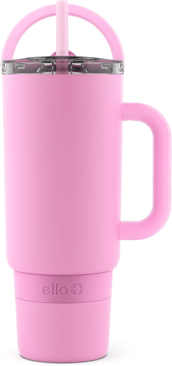 Ello Port 40oz Tumbler with Carry Loop & Integrated Handle, Vacuum Insulated Stainless Steel Reusable Water Bottle, Travel Mug with Leak Proof Lid & Straw, Perfect for Iced Coffee & Tea, White