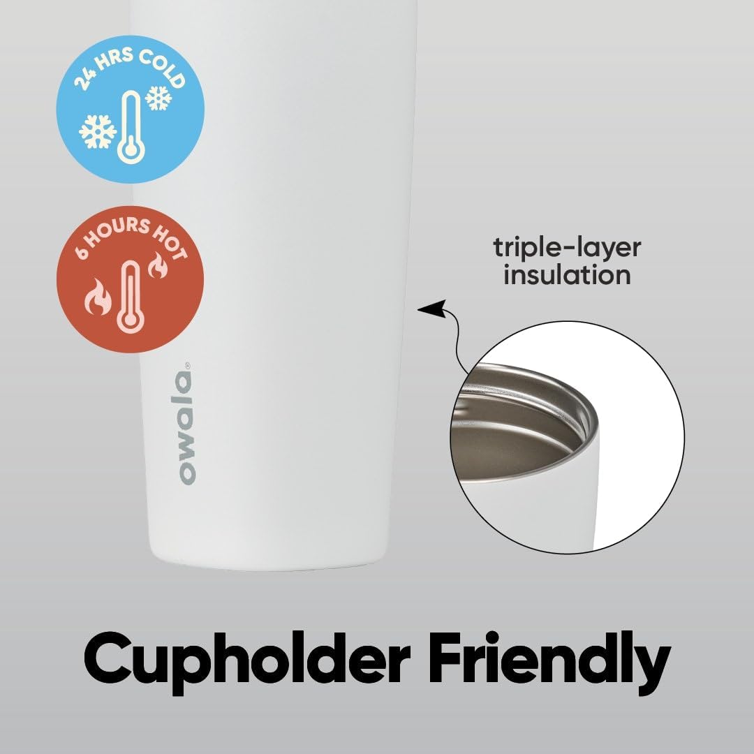 Owala SmoothSip Slider Insulated Stainless Steel Coffee Tumbler, Reusable Iced Coffee Cup, Hot Coffee Travel Mug, BPA Free 12 oz, Peachy Keen