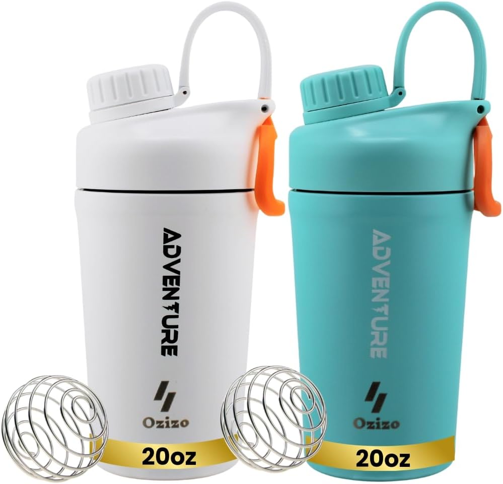 Ozizo 2 Pack Stainless Steel Insulated Protein Shaker Bottle, 20oz Leak Proof Shaker Cup with Wire Whisk Ball for Protein Mixes, Hot & Cold Drinks, Gym & Fitness (Blue + Blue)