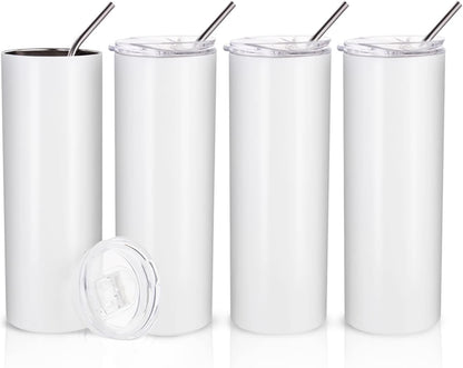 PYD Life Sublimation Blanks Skinny Tumbler White 20 OZ Straight Stainless Steel with Metal Straw for Mug Tumbler Heat Press Machine Sublimation Printing 4 Pack