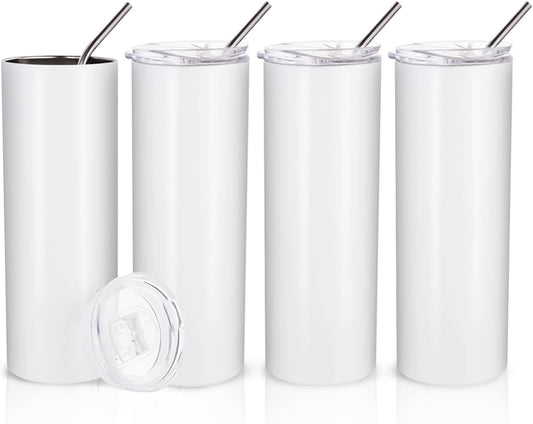 PYD Life Sublimation Blanks Skinny Tumbler White 20 OZ Straight Stainless Steel with Metal Straw for Mug Tumbler Heat Press Machine Sublimation Printing 4 Pack