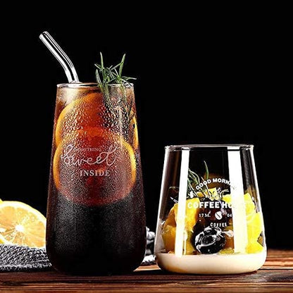 ALINK Glass Smoothie Straws, Reusable Clear Bent 9 in X 10 mm Drinking Straws, Set of 4 with Cleaning Brush