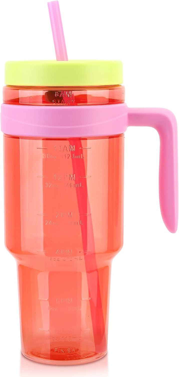 50 oz Tritan Plastic Tumbler with Lid and Straw | Leak-Proof BPA-Free Clear Tumbler with Time Marker | Reusable Travel Mug for Camping, Sports, Office, Road Trips, Parties | Wide Mouth