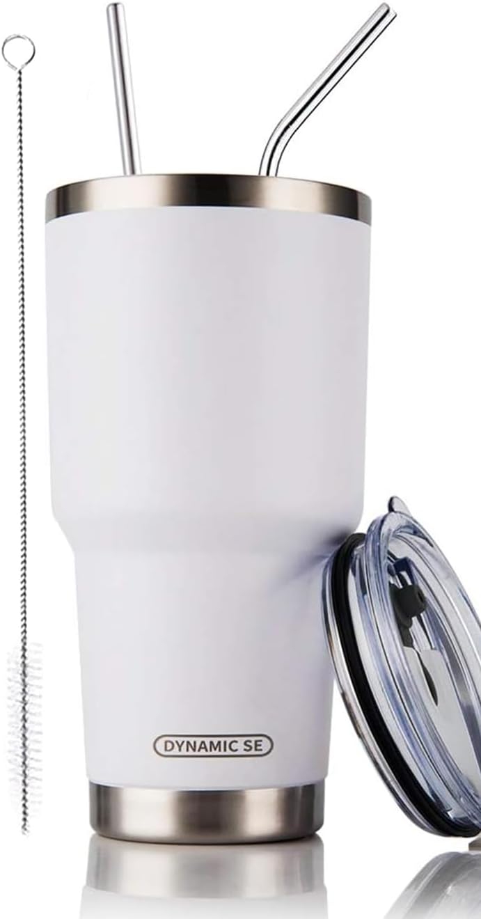 D·S 30oz Blue Tumbler Stainless Steel Double Wall Vacuum Insulated Mug with Straw and Lid, Cleaning Brush for Cold and Hot Beverages