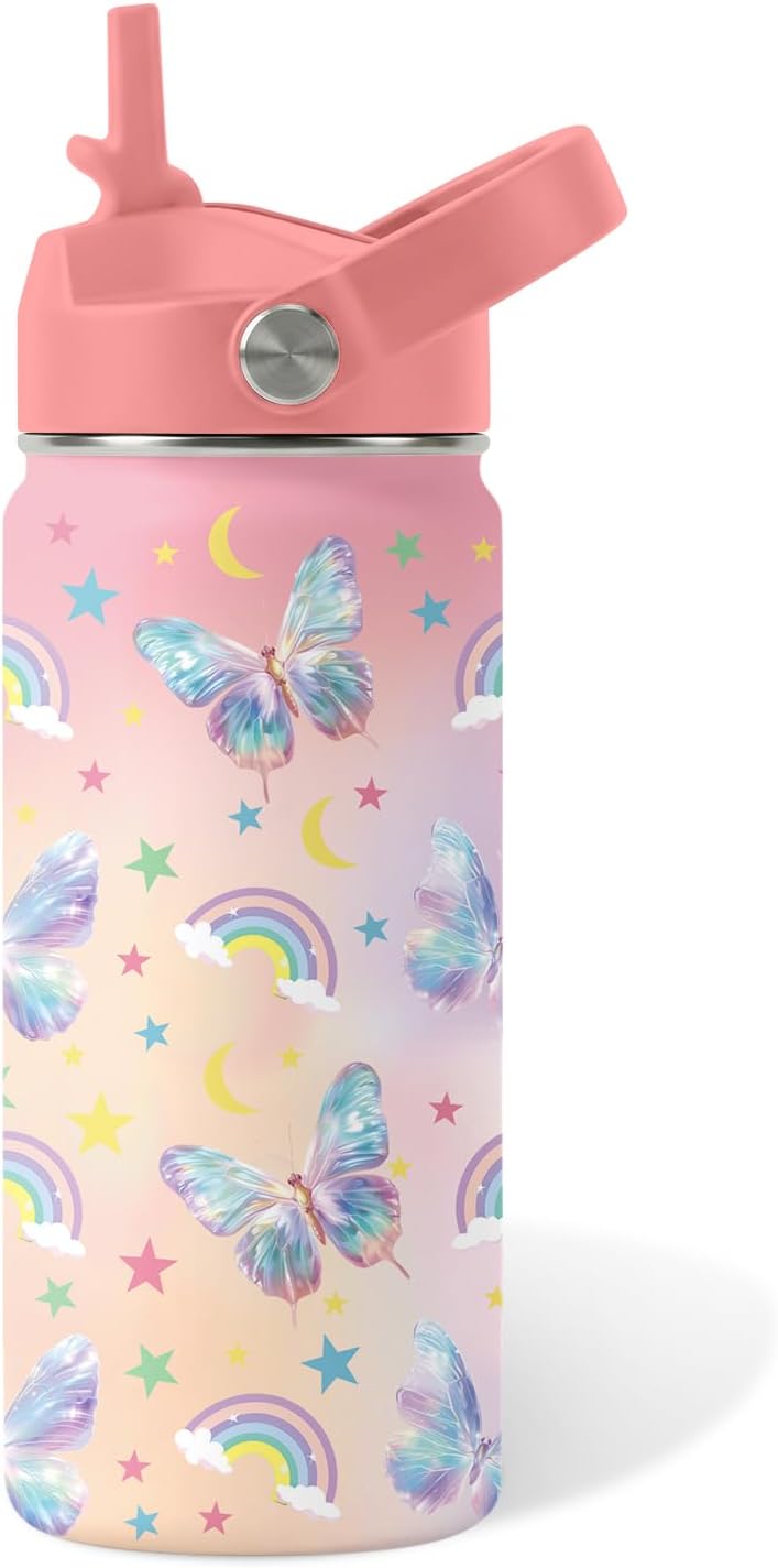 Strawberry Gifts for Kids - 16oz Pink Kids Water Bottle with Straw Lid, Stainless Steel Insulated Water Bottle, Leakproof, BPA-Free, for Girls, School, Strawberry Lover Children Birthday Gift Cup(1pc)