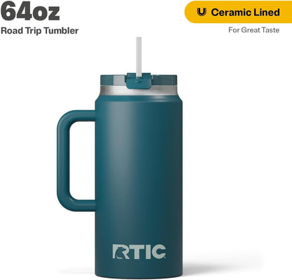 RTIC 64oz Road Trip Tumbler with Handle, Lid and Straw, Ceramic Lined, Insulated, Stainless Steel, Double Wall Vacuum-Insulation, Travel Cup, Cool Grey