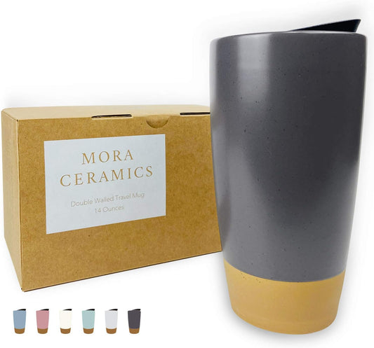 Double Wall Ceramic Coffee Travel Mug with Lid, 14 oz, Portable, Microwave, Dishwasher Safe, Insulated Reusable Tall Cup, Splash Resistant Lid - To Go Tumbler for Car Cup Holder, Nightwaves