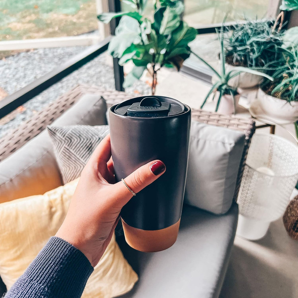 Double Wall Ceramic Coffee Travel Mug with Lid, 14 oz, Portable, Microwave, Dishwasher Safe, Insulated Reusable Tall Cup, Splash Resistant Lid - To Go Tumbler for Car Cup Holder, Nightwaves