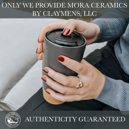 Double Wall Ceramic Coffee Travel Mug with Lid, 14 oz, Portable, Microwave, Dishwasher Safe, Insulated Reusable Tall Cup, Splash Resistant Lid - To Go Tumbler for Car Cup Holder, Nightwaves