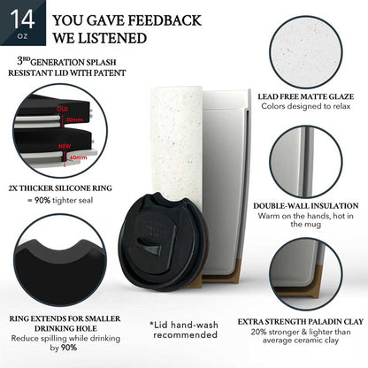 Double Wall Ceramic Coffee Travel Mug with Lid, 14 oz, Portable, Microwave, Dishwasher Safe, Insulated Reusable Tall Cup, Splash Resistant Lid - To Go Tumbler for Car Cup Holder, Nightwaves