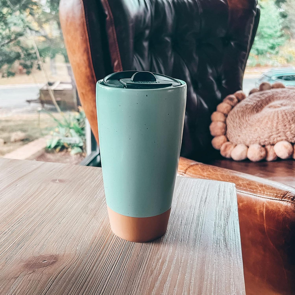 Double Wall Ceramic Coffee Travel Mug with Lid, 14 oz, Portable, Microwave, Dishwasher Safe, Insulated Reusable Tall Cup, Splash Resistant Lid - To Go Tumbler for Car Cup Holder, Nightwaves