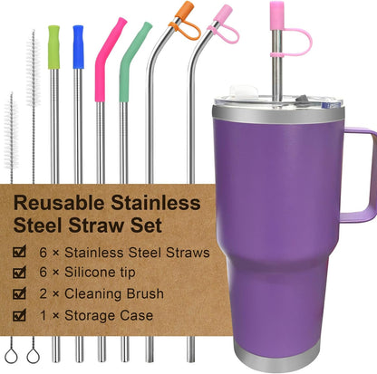 Reusable Stainless Steel Straws Set with Silicone Tips, 2 Straw Brush, 1 Storage Case, Different Sizes of Metal Straws Reusable, Suitable for 14, 20, 30 oz Cups Tumbler, for Hot/Cold Drinks