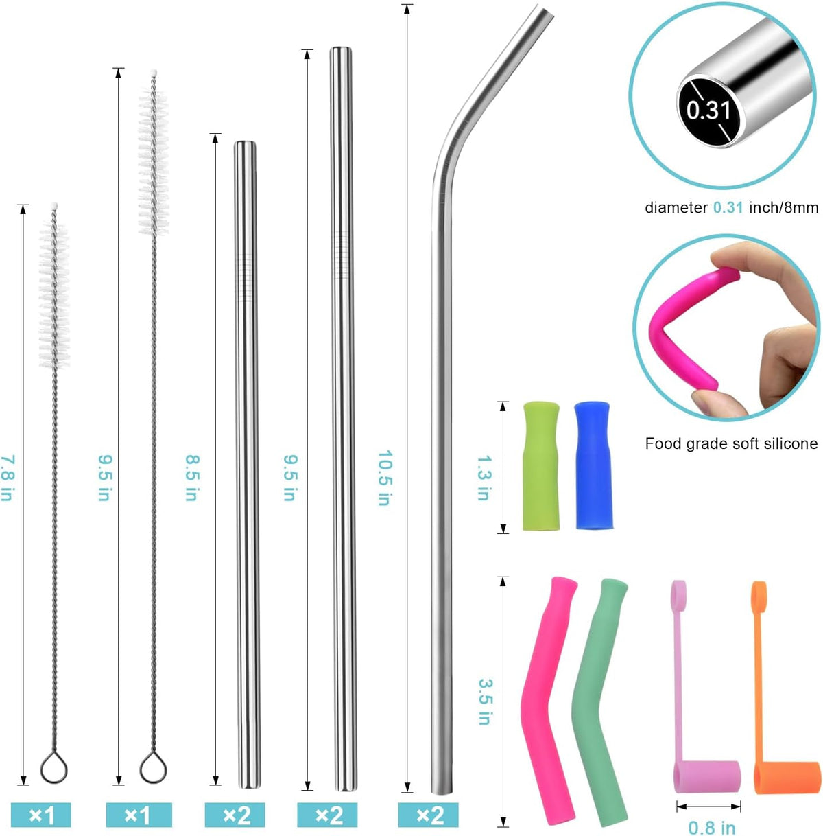 Reusable Stainless Steel Straws Set with Silicone Tips, 2 Straw Brush, 1 Storage Case, Different Sizes of Metal Straws Reusable, Suitable for 14, 20, 30 oz Cups Tumbler, for Hot/Cold Drinks