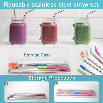 Reusable Stainless Steel Straws Set with Silicone Tips, 2 Straw Brush, 1 Storage Case, Different Sizes of Metal Straws Reusable, Suitable for 14, 20, 30 oz Cups Tumbler, for Hot/Cold Drinks