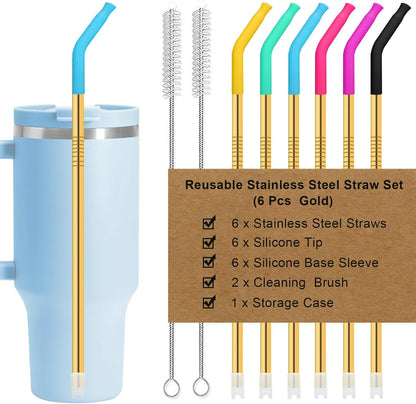 Reusable Stainless Steel Straws Set with Silicone Tips, 2 Straw Brush, 1 Storage Case, Different Sizes of Metal Straws Reusable, Suitable for 14, 20, 30 oz Cups Tumbler, for Hot/Cold Drinks