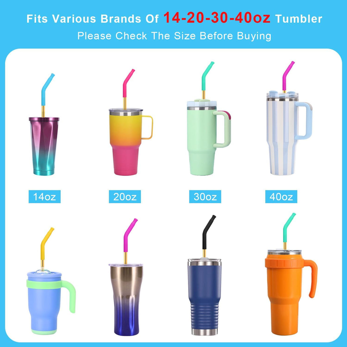 Reusable Stainless Steel Straws Set with Silicone Tips, 2 Straw Brush, 1 Storage Case, Different Sizes of Metal Straws Reusable, Suitable for 14, 20, 30 oz Cups Tumbler, for Hot/Cold Drinks