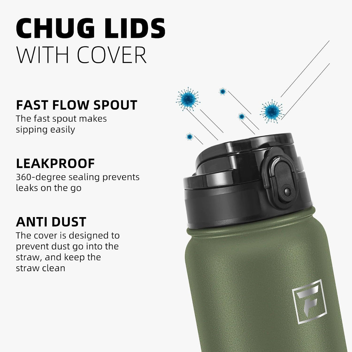 20oz Insulated Water Bottle with Anti-dust Chug Lid, Green Blue