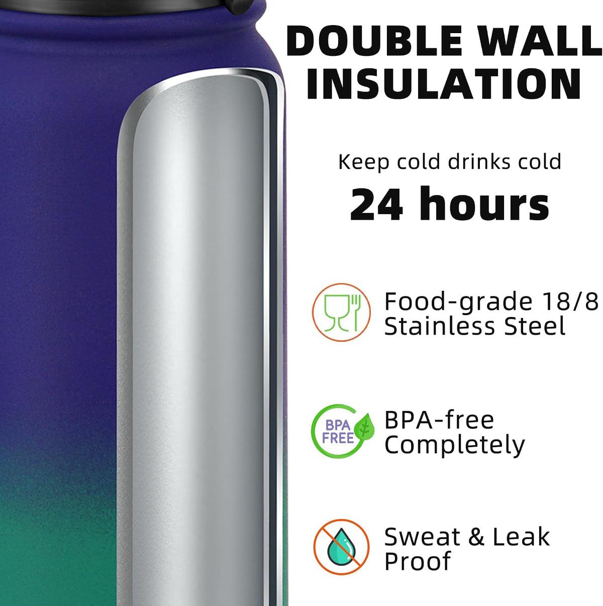 20oz Insulated Water Bottle with Anti-dust Chug Lid, Green Blue
