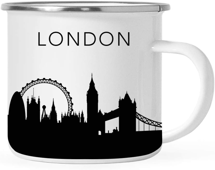 11oz. Tourist Travel Souvenir Stainless Steel Campfire Coffee Mug Gift, London Skyline, 1-Pack, Enamel Camping Cup Christmas Birthday Study Abroad Graduation, Includes Gift Box