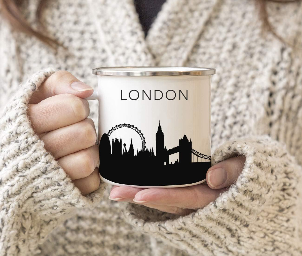 11oz. Tourist Travel Souvenir Stainless Steel Campfire Coffee Mug Gift, London Skyline, 1-Pack, Enamel Camping Cup Christmas Birthday Study Abroad Graduation, Includes Gift Box