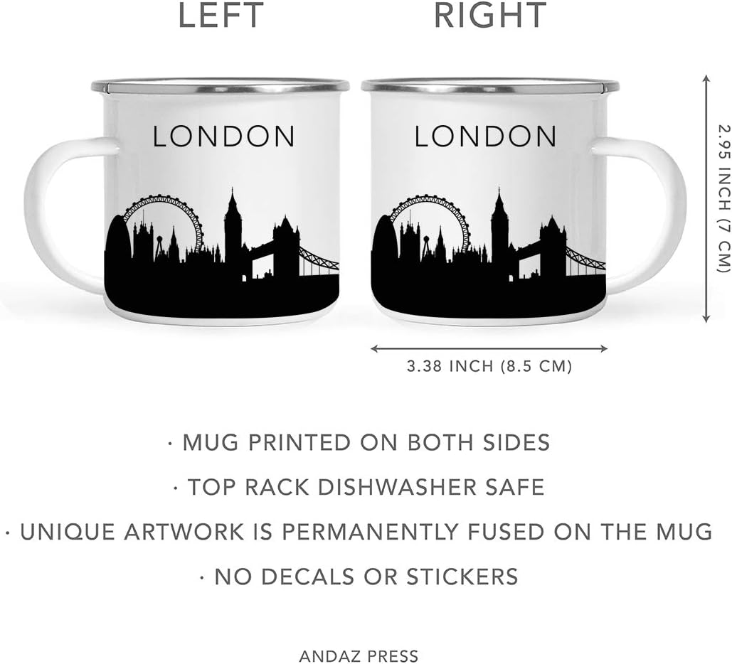 11oz. Tourist Travel Souvenir Stainless Steel Campfire Coffee Mug Gift, London Skyline, 1-Pack, Enamel Camping Cup Christmas Birthday Study Abroad Graduation, Includes Gift Box