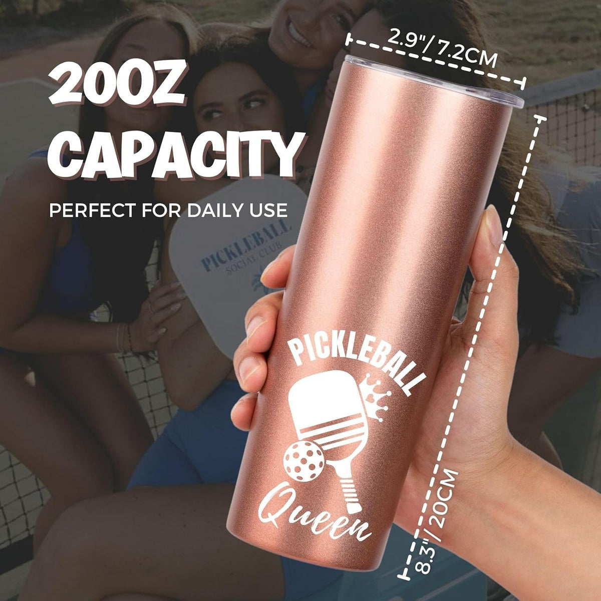 Pickleball Gifts for Women, Rose Gold 20 oz Skinny Tumbler