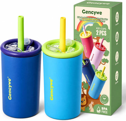 ® 2 PACK Kids Double Walled Stainless Steel Cups with Straws and lids | 12 oz Spill-Proof Sippy Smoothie Tumbler Set, Small Kids Snack & Drink Water Cups, BPA-Free (Age: 3+ years old & up)