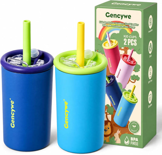 ® 2 PACK Kids Double Walled Stainless Steel Cups with Straws and lids | 12 oz Spill-Proof Sippy Smoothie Tumbler Set, Small Kids Snack & Drink Water Cups, BPA-Free (Age: 3+ years old & up)