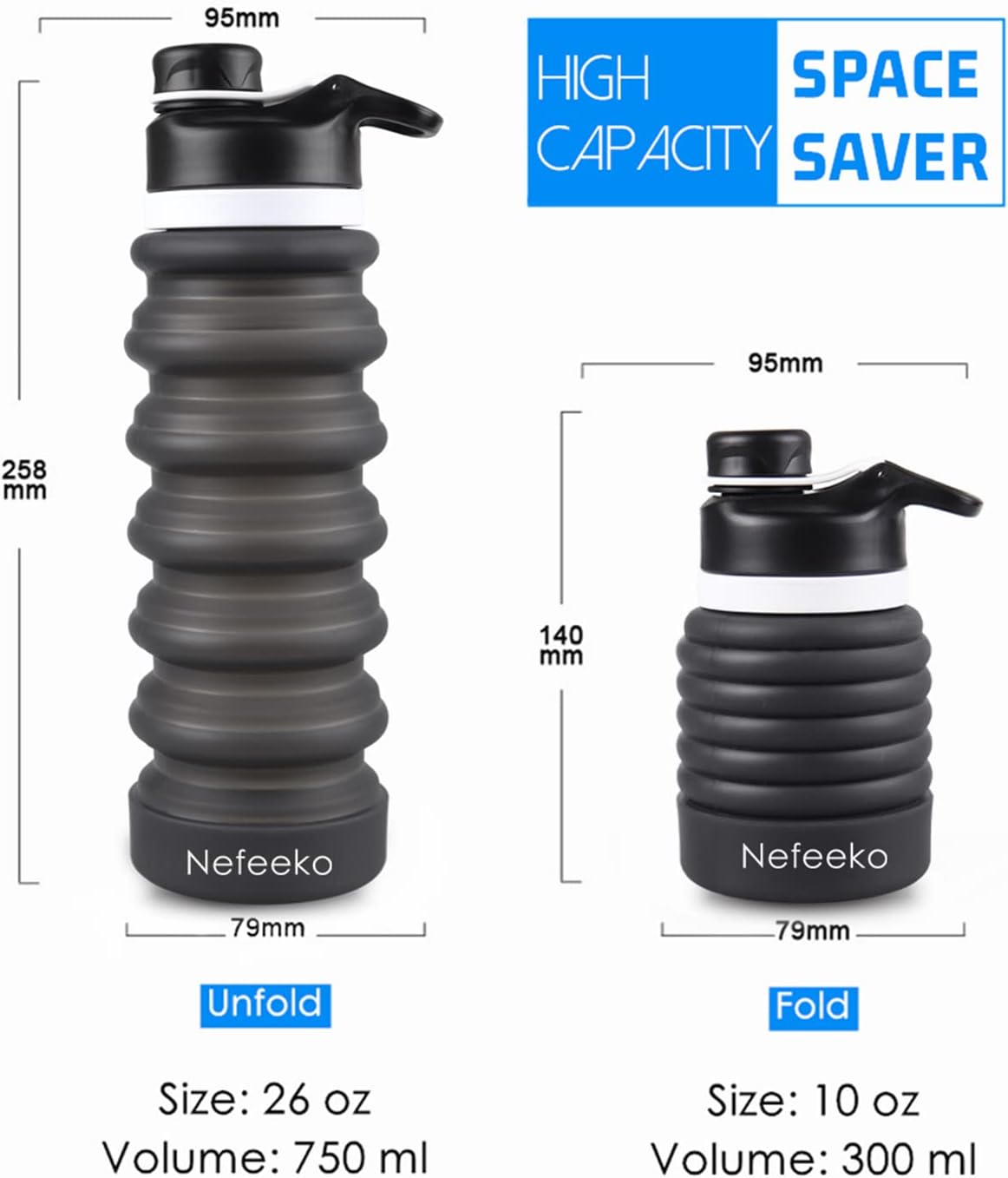 Collapsible Water Bottle, 26oz Silicone Foldable Water Bottles