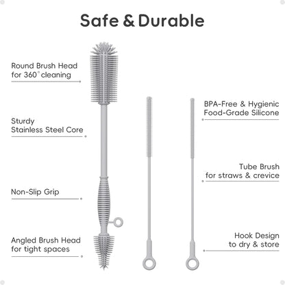 Silicone Cleaning Brush Kit,Water Bottle and Straw Cleaner Brush Set for Tumbler,Baby Bottle,Breast Pump Part,Nipple,Sippy Cup,Glass,Dishwasher Safe,BPA Free,3 Pcs