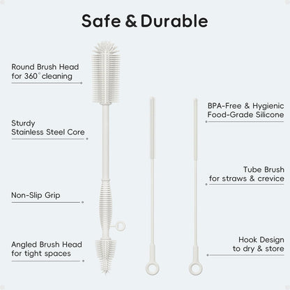 Silicone Cleaning Brush Kit,Water Bottle and Straw Cleaner Brush Set for Tumbler,Baby Bottle,Breast Pump Part,Nipple,Sippy Cup,Glass,Dishwasher Safe,BPA Free,3 Pcs