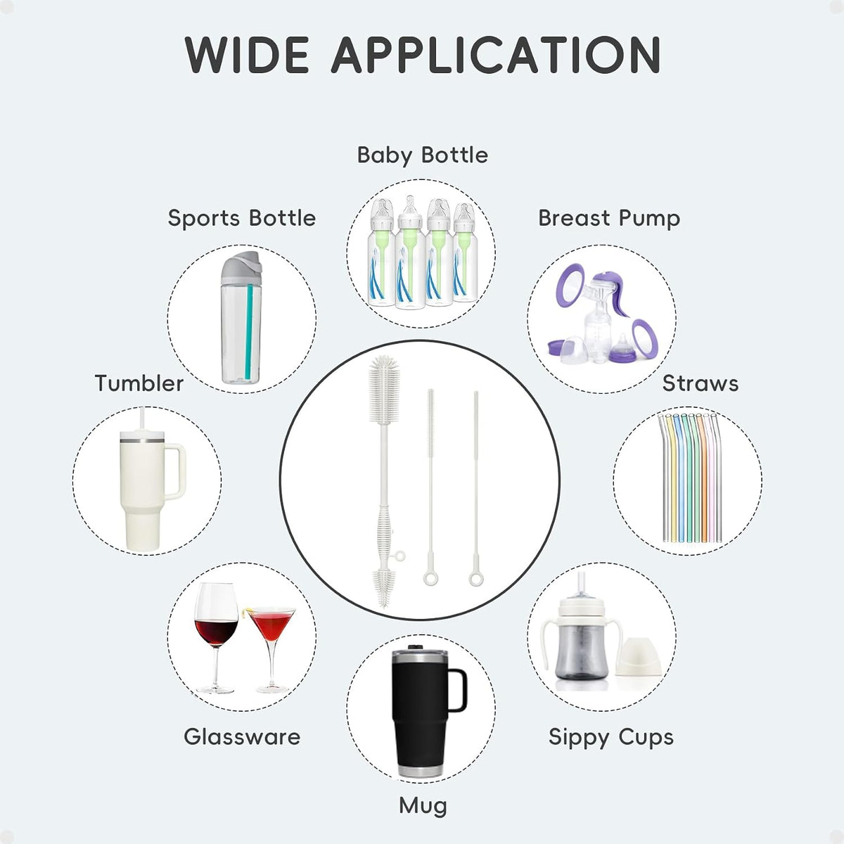 Silicone Cleaning Brush Kit,Water Bottle and Straw Cleaner Brush Set for Tumbler,Baby Bottle,Breast Pump Part,Nipple,Sippy Cup,Glass,Dishwasher Safe,BPA Free,3 Pcs