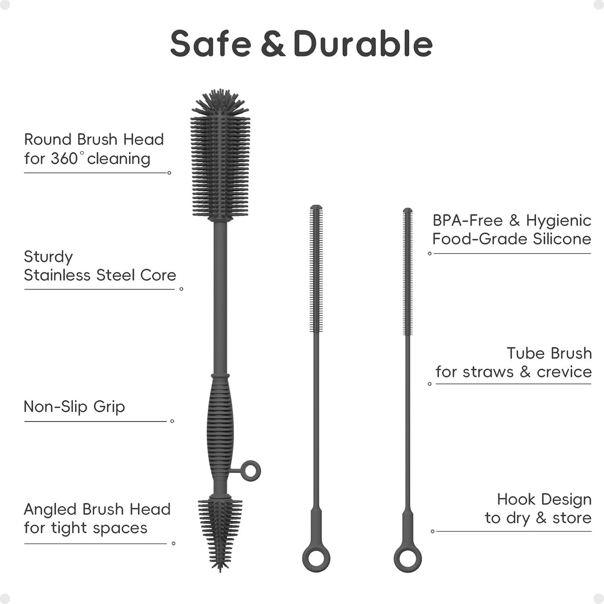 Silicone Cleaning Brush Kit,Water Bottle and Straw Cleaner Brush Set for Tumbler,Baby Bottle,Breast Pump Part,Nipple,Sippy Cup,Glass,Dishwasher Safe,BPA Free,3 Pcs